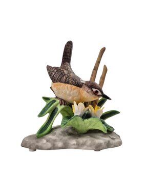 Brinnco Carolina Wren Figurine Porcelain Bird Perched On Branch Yellow Flowers